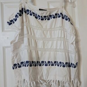 For Cynthia White Cotton Fringe Tank with Navy Embroidery